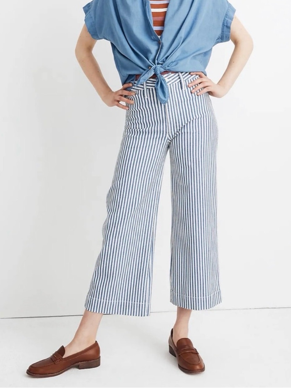 Madewell Emmett Wide-Leg Culotte Pant in Blue Railroad Stripe